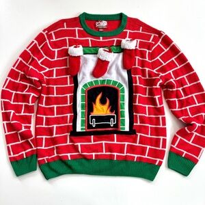Party Sweater Dec 25th Long Sleeve Crew Neck Fireplace Ugly Chritmas Holiday Lg